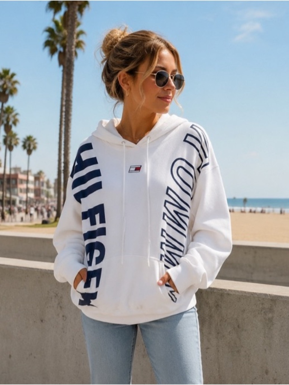 Tommy Hilfiger Sport Oversized Logo Hoodie Women’s Large White Navy